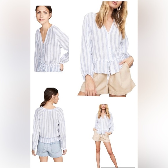 Rails Marti Cayman Stripe White/Blue Long Sleeve Linen Button Blouse size S
